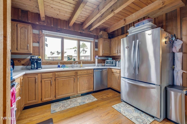 2390 W Allens Bridge Rd, Greeneville, TN 37743 - kitchen with appliances with stainless steel finishes, wooden ceiling, light countertops, beam ceiling, and light wood-style floors