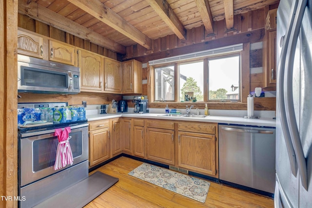 2390 W Allens Bridge Rd, Greeneville, TN 37743 - kitchen with appliances with stainless steel finishes, a sink, wooden ceiling, beam ceiling, and light countertops