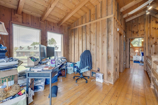 2390 W Allens Bridge Rd, Greeneville, TN 37743 - office with wooden walls, hardwood / wood-style flooring, plenty of natural light, and wood ceiling