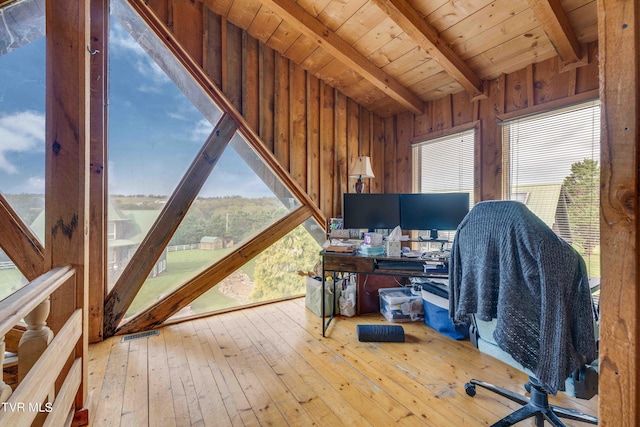 2390 W Allens Bridge Rd, Greeneville, TN 37743 - office space featuring wooden ceiling, hardwood / wood-style floors, and wooden walls