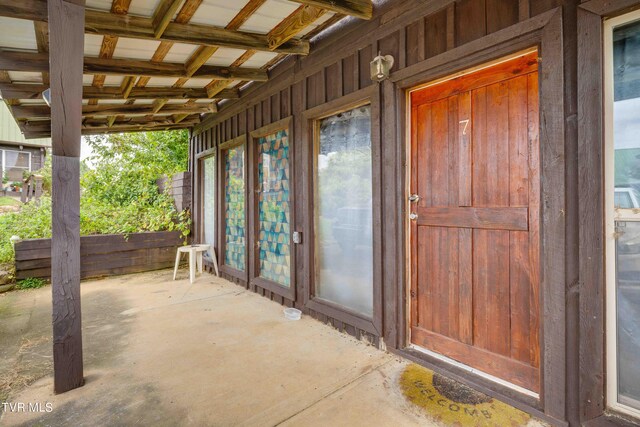 2390 W Allens Bridge Rd, Greeneville, TN 37743 - property entrance with a patio area and board and batten siding