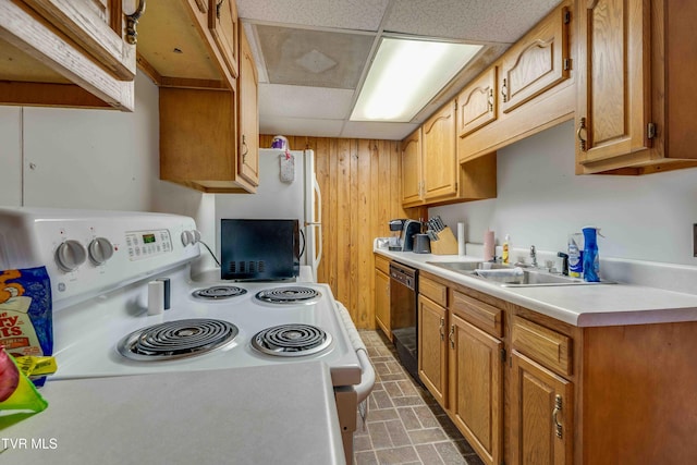 2390 W Allens Bridge Rd, Greeneville, TN 37743 - kitchen with white appliances, light countertops, a drop ceiling, a sink, and brick patterned flooring