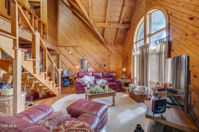 2390 W Allens Bridge Rd, Greeneville, TN 37743 - living area with wooden walls, wood ceiling, wood-type flooring, beamed ceiling, and high vaulted ceiling