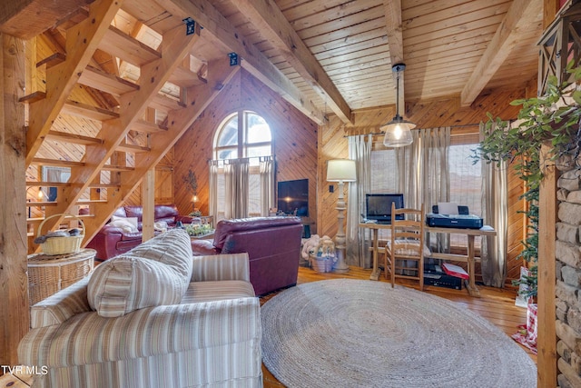 2390 W Allens Bridge Rd, Greeneville, TN 37743 - living room with wood-type flooring, wood walls, wooden ceiling, and a fireplace