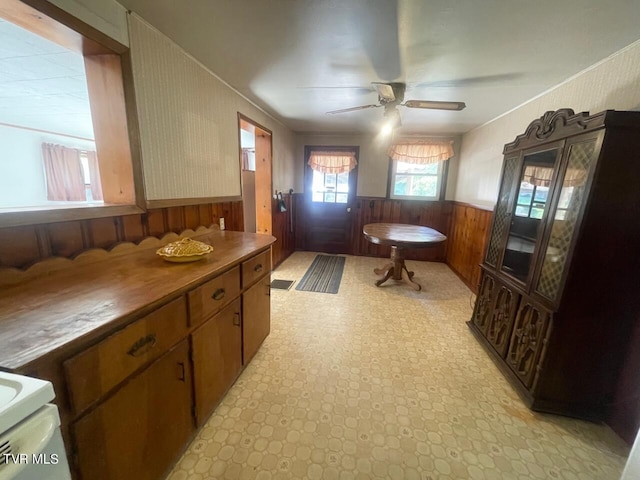 interior space with a wainscoted wall, light floors, ceiling fan, and wooden walls