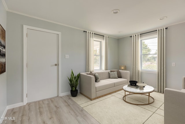 living room featuring crown molding and light hardwood / wood-style floors