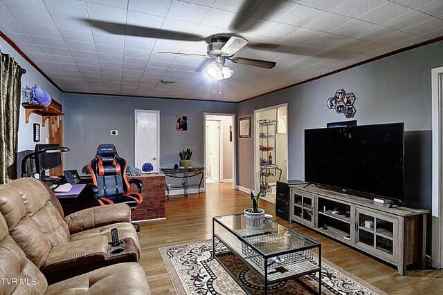 living room with ceiling fan, light hardwood / wood-style floors, and ornamental molding