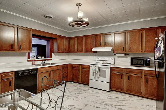 kitchen with sink, crown molding, black appliances, light tile patterned floors, and a notable chandelier