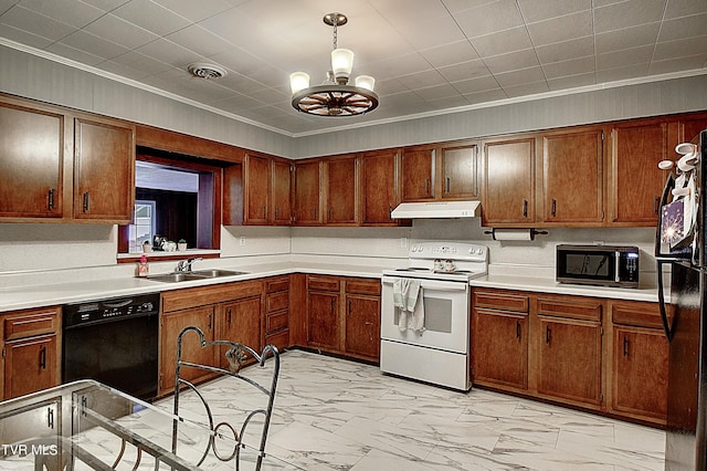 kitchen with visible vents, under cabinet range hood, marble finish floor, black appliances, and a sink