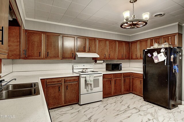 kitchen with sink, an inviting chandelier, crown molding, and black appliances