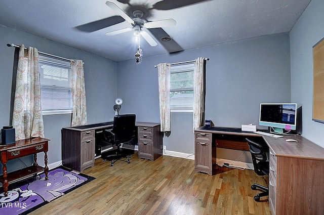 office area with baseboards, a textured ceiling, ceiling fan, and light wood finished floors