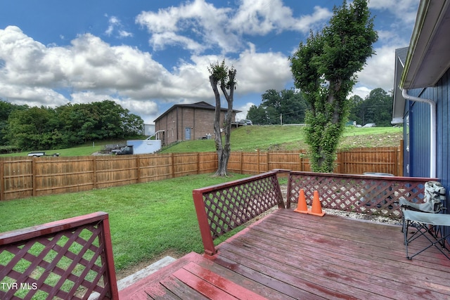 deck with a lawn and a fenced backyard