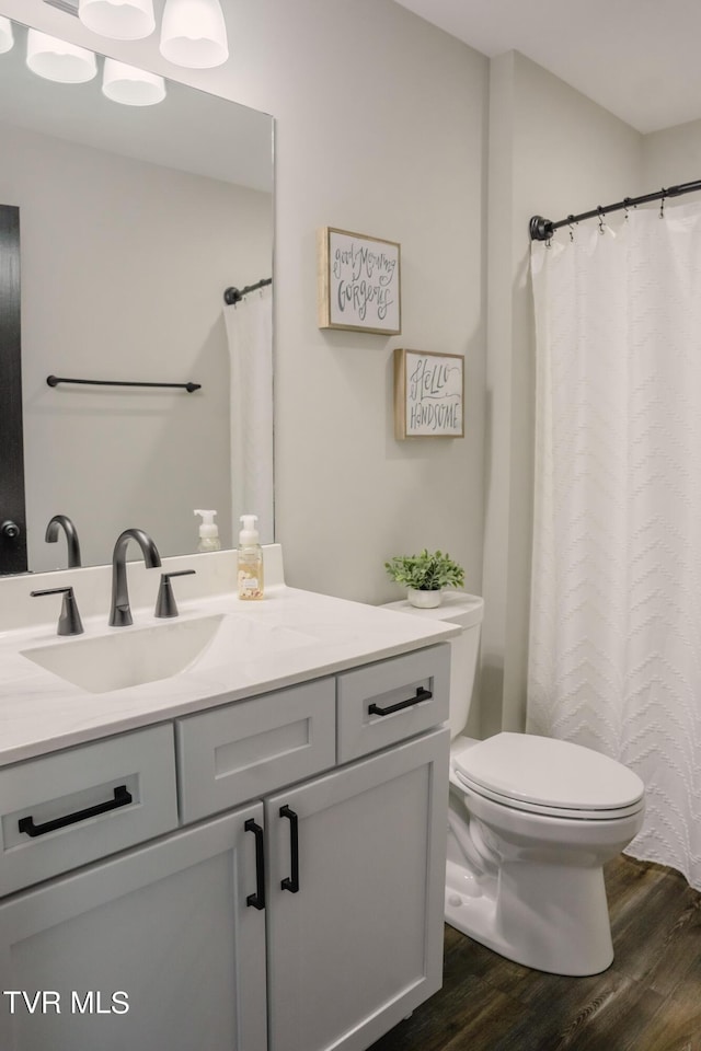 bathroom featuring hardwood / wood-style flooring, vanity, and toilet