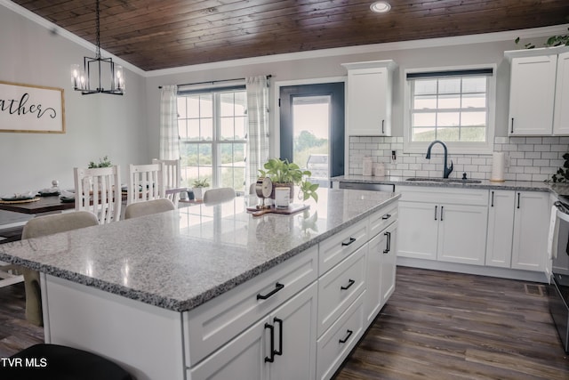 kitchen with sink, a center island, tasteful backsplash, white cabinets, and wooden ceiling