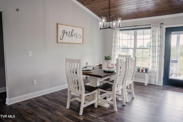 dining area with hardwood / wood-style floors, ornamental molding, wooden ceiling, a notable chandelier, and lofted ceiling