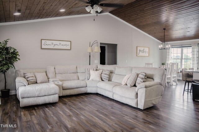 living room featuring crown molding, wooden ceiling, and wood-type flooring