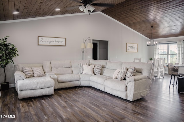 living room with wood ceiling, ornamental molding, dark hardwood / wood-style floors, and vaulted ceiling