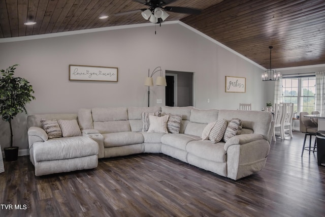 living room featuring crown molding, lofted ceiling, dark hardwood / wood-style floors, and wooden ceiling