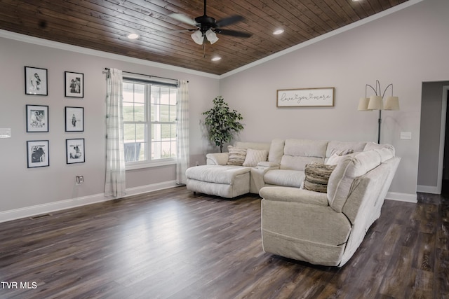 living room with crown molding, wood ceiling, lofted ceiling, and dark hardwood / wood-style floors