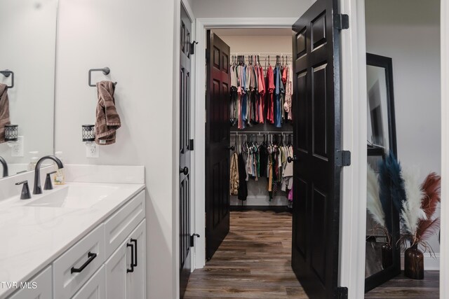 bathroom featuring hardwood / wood-style flooring and vanity