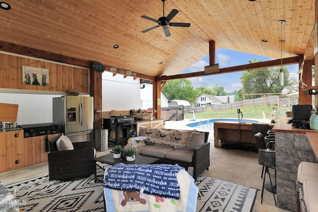 view of patio / terrace featuring a fenced backyard, a grill, a gazebo, an outdoor bar, and a fenced in pool