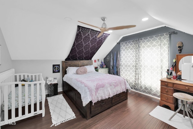 bedroom with vaulted ceiling, ceiling fan, dark wood-style flooring, and recessed lighting