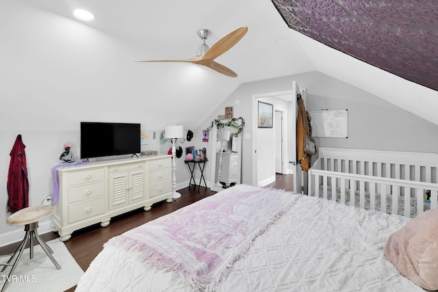 bedroom with recessed lighting, a ceiling fan, baseboards, vaulted ceiling, and dark wood finished floors