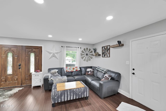 living room with dark wood-style floors, baseboards, and recessed lighting