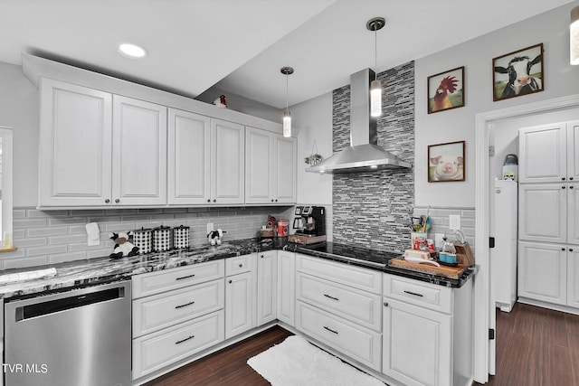 kitchen featuring white cabinets, dishwasher, wall chimney range hood, and black electric cooktop