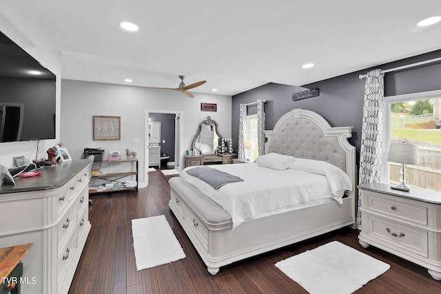 bedroom with a ceiling fan, recessed lighting, and dark wood-style flooring