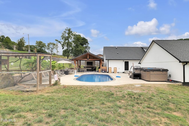 outdoor pool featuring outdoor lounge area, a gazebo, a lawn, a patio area, and a hot tub