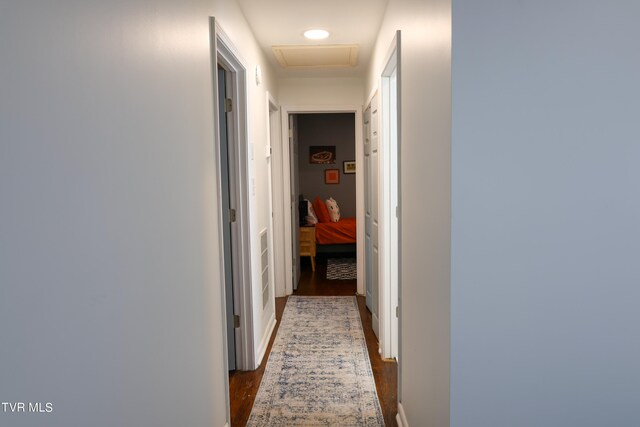 hallway with dark wood-type flooring