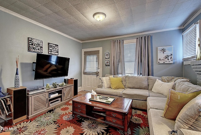 living room featuring crown molding