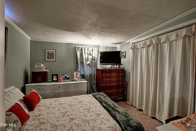 bedroom with crown molding, light colored carpet, and a textured ceiling