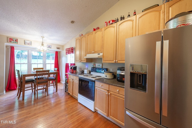 kitchen with light hardwood / wood-style flooring, electric stove, lofted ceiling, stainless steel fridge with ice dispenser, and a notable chandelier