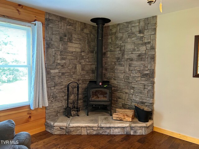 room details with wood-type flooring and a wood stove