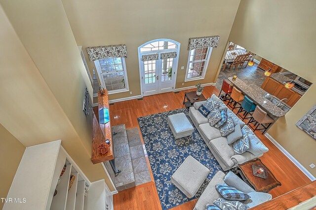 living room with hardwood / wood-style flooring and a high ceiling