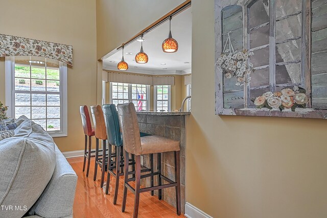 bar featuring wood-type flooring, pendant lighting, and crown molding