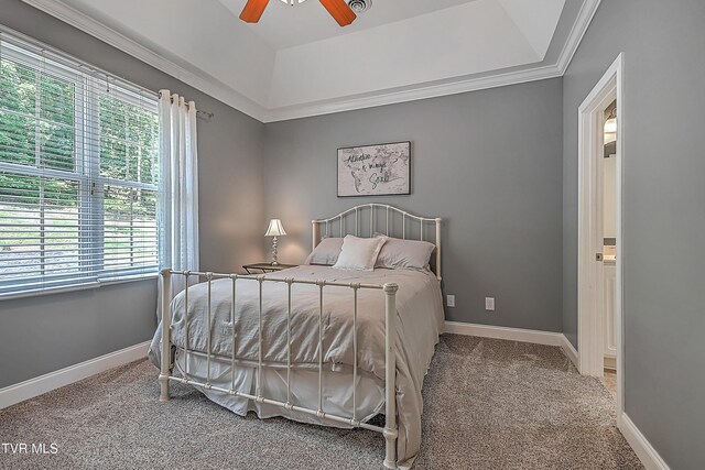 bedroom with crown molding, carpet flooring, and ceiling fan