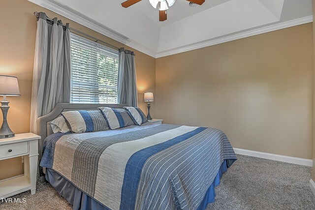 bedroom with crown molding, ceiling fan, and carpet