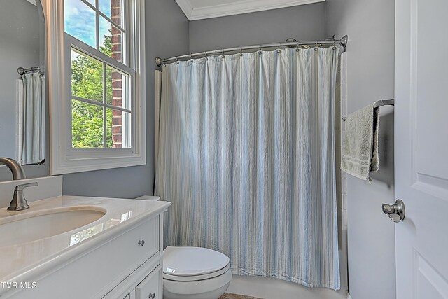 bathroom featuring crown molding, vanity, and toilet