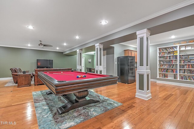 rec room featuring pool table, ornamental molding, decorative columns, and light wood-type flooring