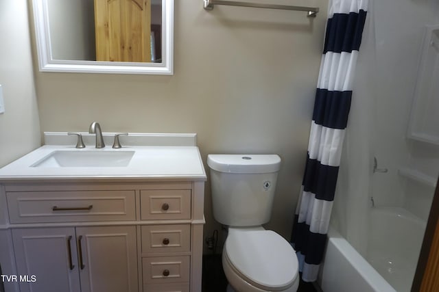 full bathroom with vanity, toilet, and shower / bath combination with curtain