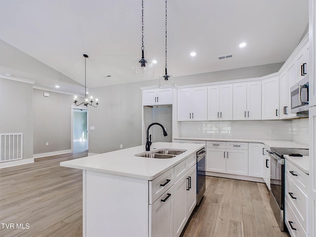 kitchen with white cabinets, an island with sink, stainless steel appliances, and sink