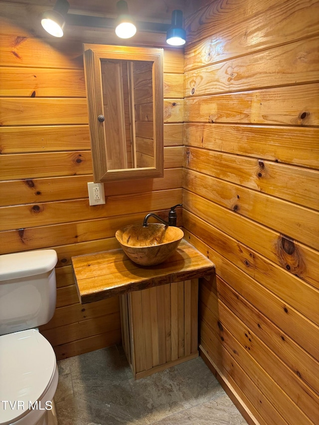 bathroom featuring vanity, wood walls, and toilet