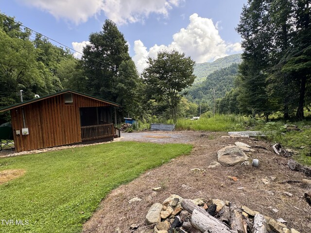 view of yard featuring a mountain view and an outdoor structure