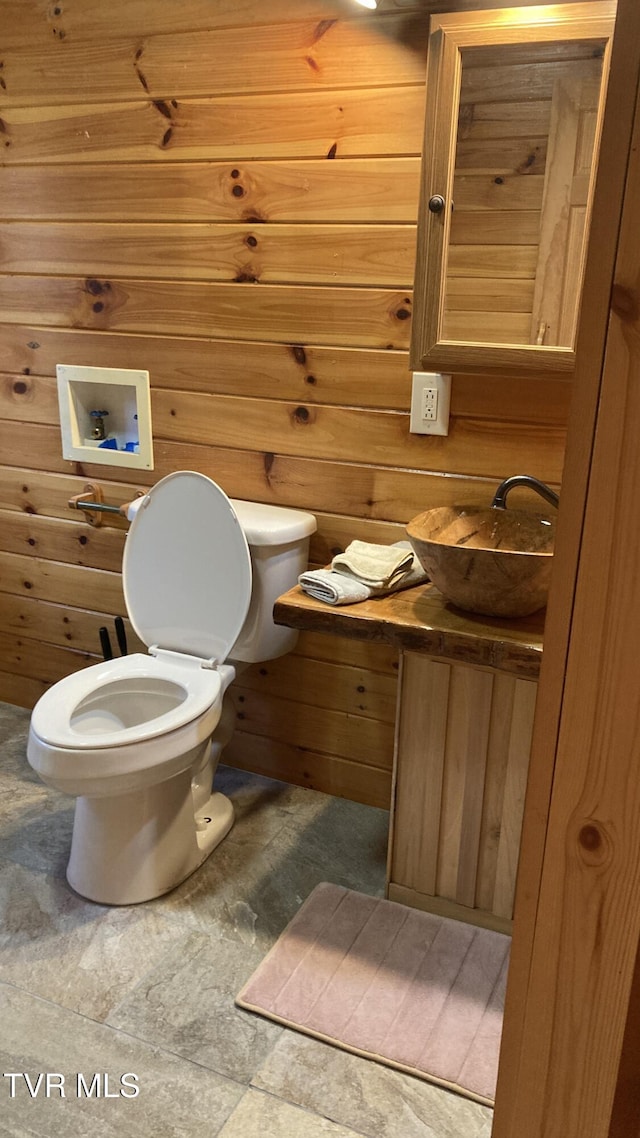 bathroom with wood walls, vanity, and toilet