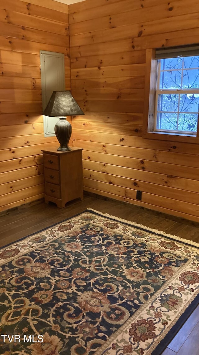 interior space featuring dark wood-type flooring and wooden walls