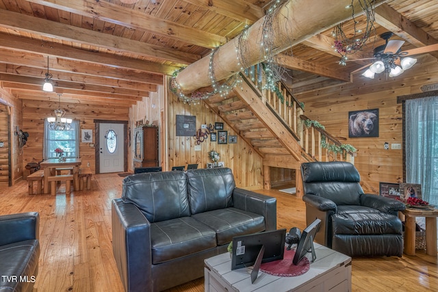 living room featuring hardwood / wood-style floors, wood walls, beam ceiling, and wooden ceiling