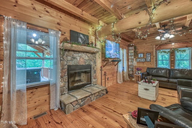 living room with beamed ceiling, a fireplace, wooden walls, hardwood / wood-style floors, and wooden ceiling